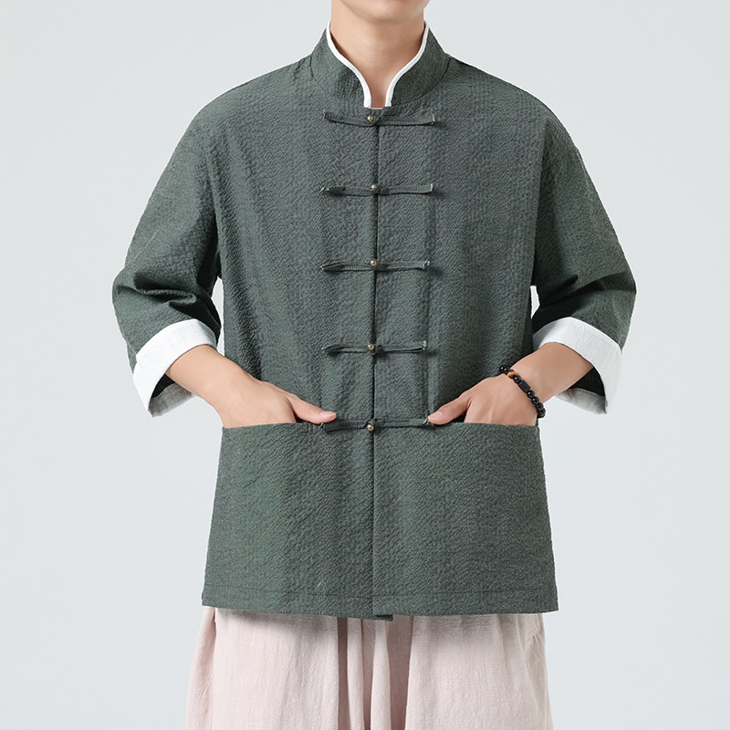 中国风唐装新中式男装大码中袖衬衫复古短袖汉服立领中式衬衫