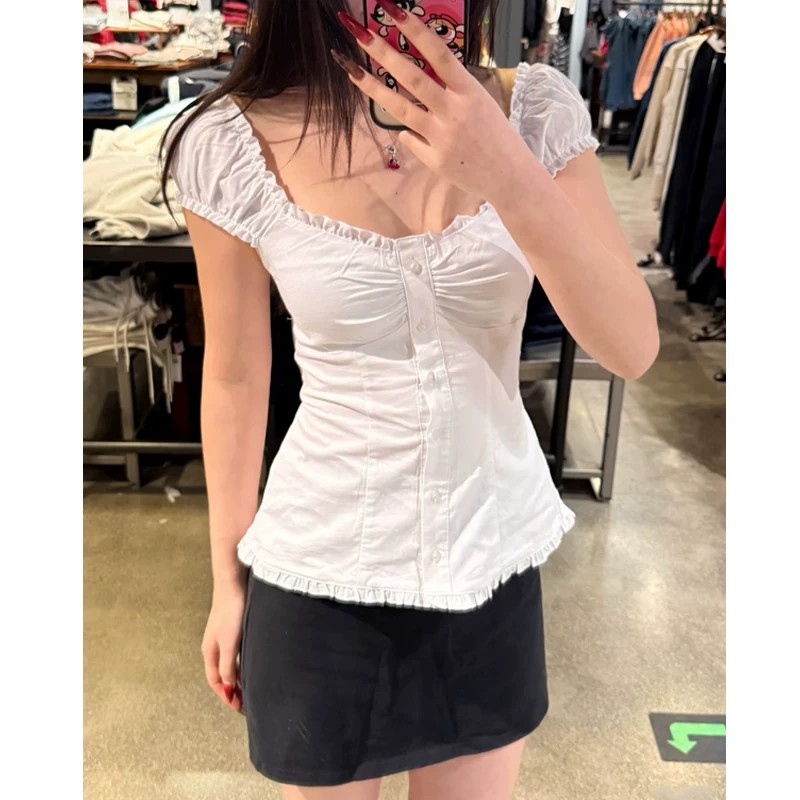品牌折扣女装专柜撤柜清仓小飞袖上衣短款荷叶边下摆方领短袖衬衫