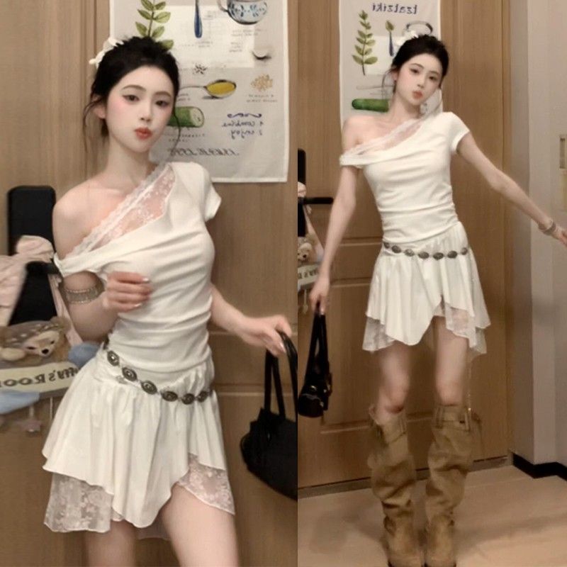 品牌折扣女装专柜撤柜尾货清仓夏斜肩蕾丝拼接连衣裙子不规则短裙