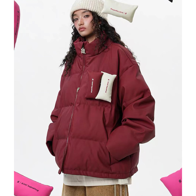 PU皮情侣款短款贴贴羽绒棉服美式羽绒棉服女外套现货款