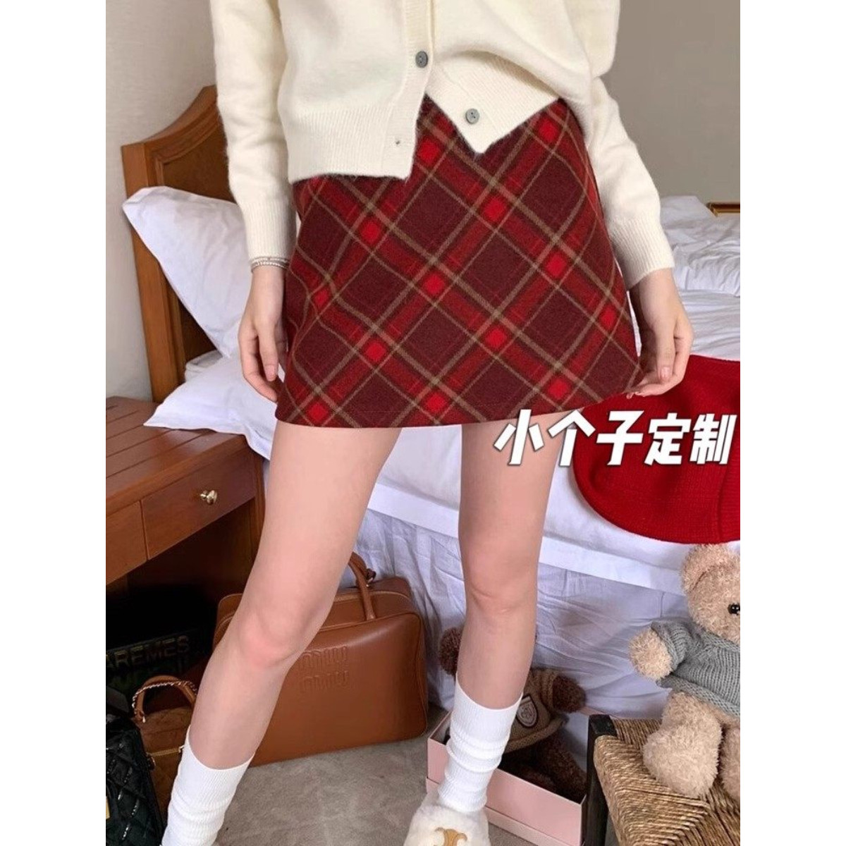 新年红格子毛呢半身裙女2026秋冬季加厚红色格纹半裙a字包臀短裙