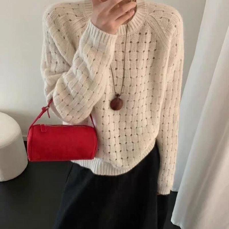 米白色镂空针织毛衣女秋季圆领宽松慵懒风薄款肌理感温柔套头上衣