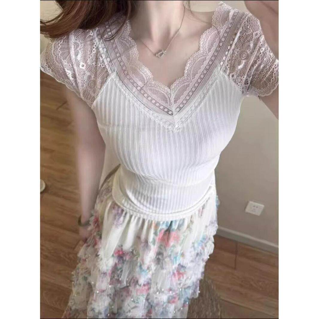 冰爽丝,外单爆款蕾丝针织衫短袖多巴胺气质漂亮百搭夏季上衣女