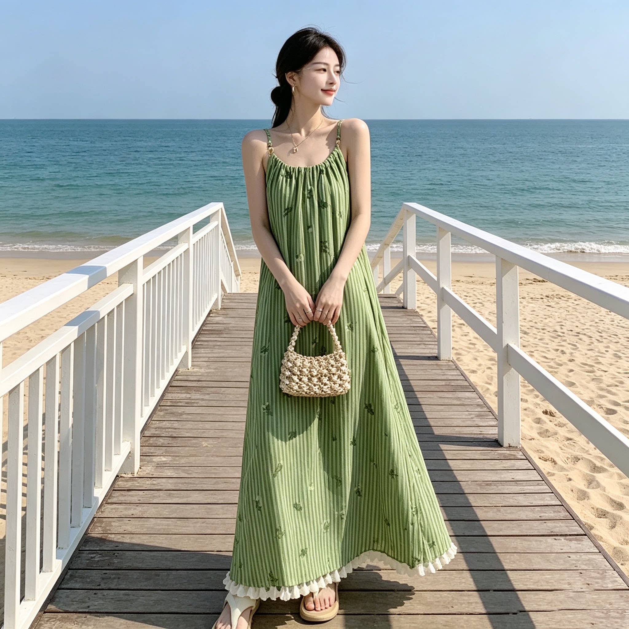 夏季甜美绿条纹吊带显瘦连衣裙