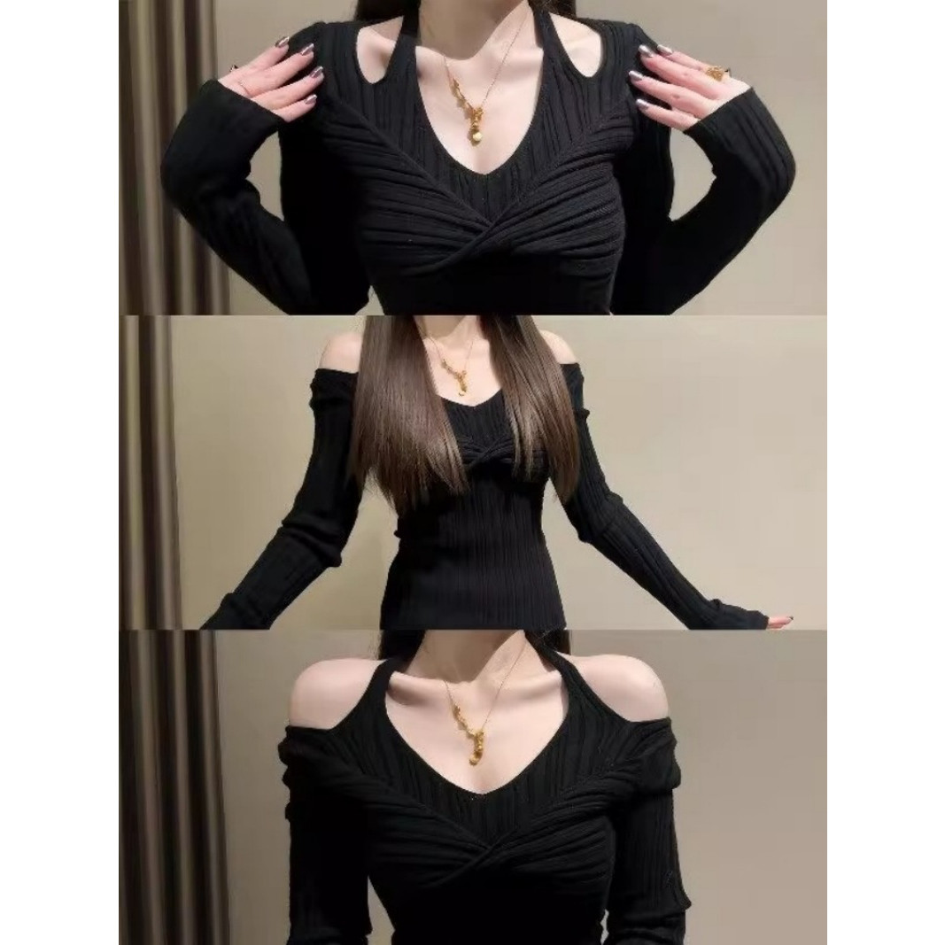 【包芯纱洗水】纯欲风V领扭结挂脖针织衫女春季收腰假两件上衣