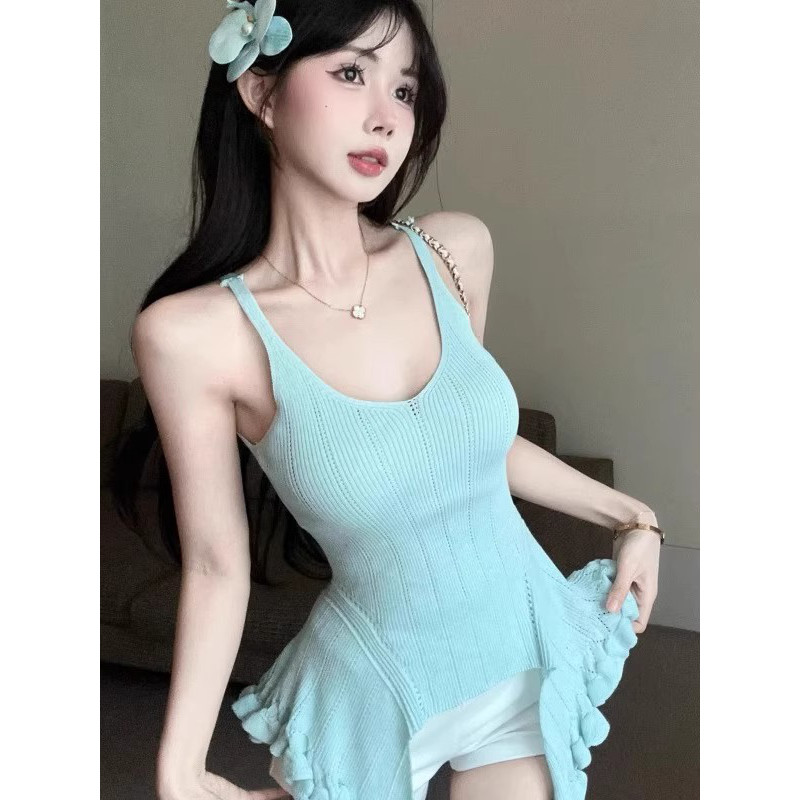 折扣店商场撤柜女装尾货清仓特价外贸不规则吊带背心荷叶边针织衫