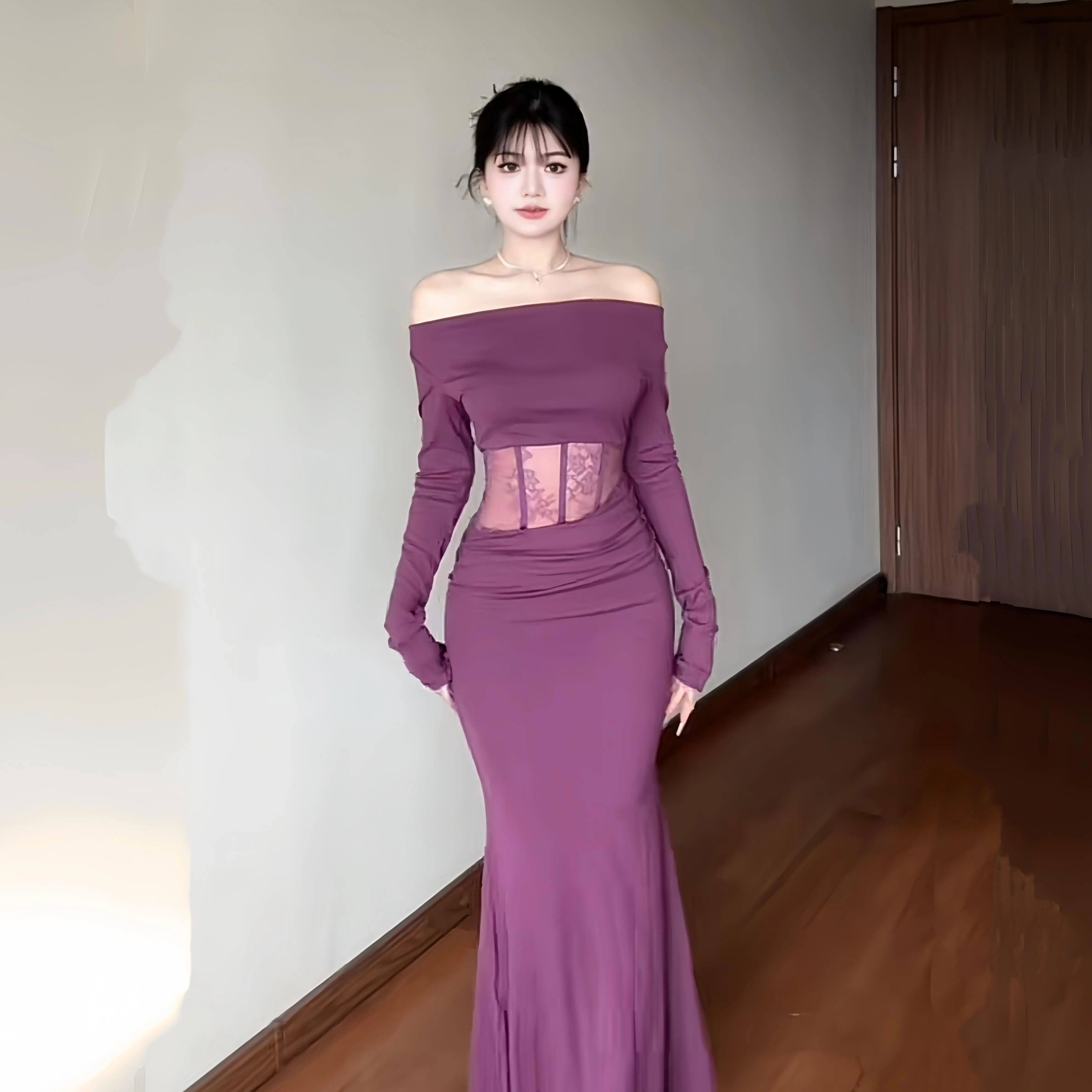 蕾丝拼接紫色荡领长袖连衣裙女冬季显身材鱼尾裙子纯欲风包臀长裙