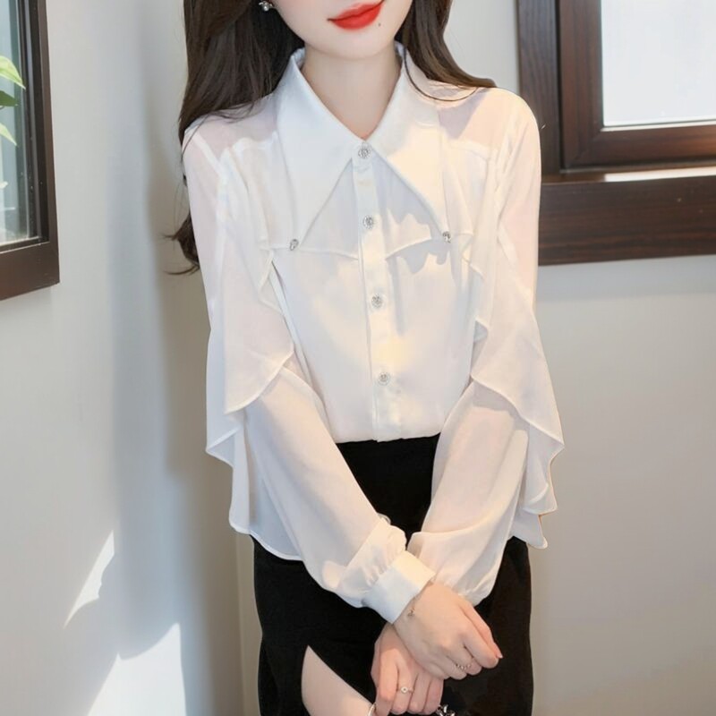 白色荷叶边衬衫女春装2023