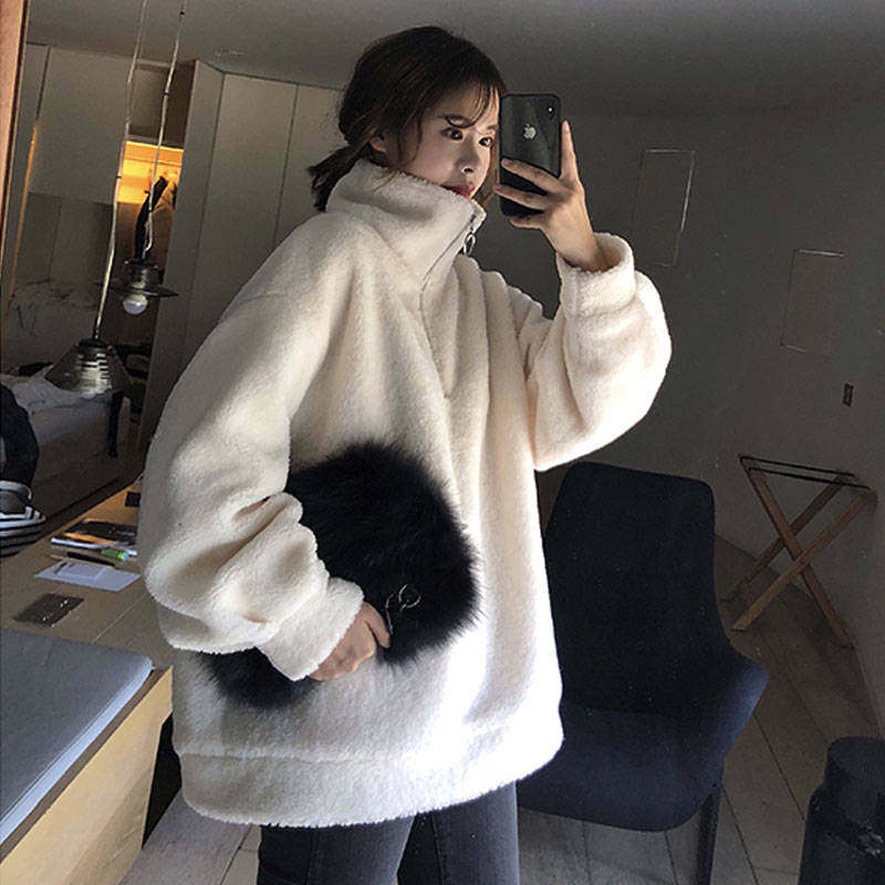 冬款韩版宽松慵懒风羊羔毛外套潮仿羊羔绒ins百搭套头卫衣女