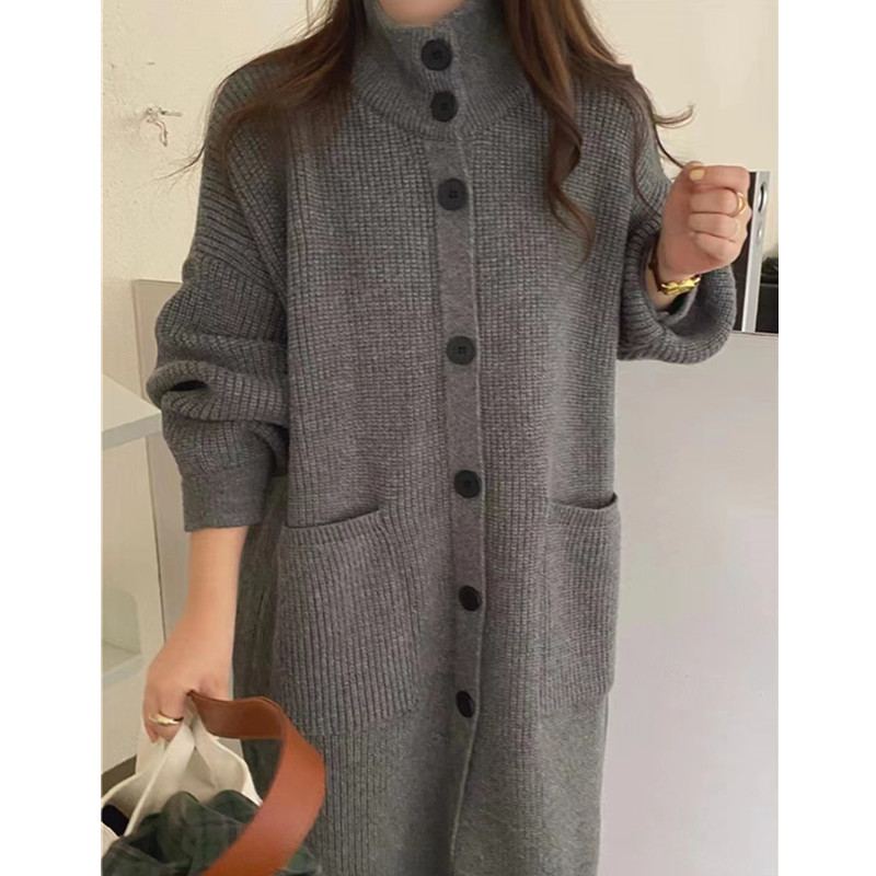 品牌折扣女装专柜撤柜清仓高领毛衣单排扣长袖针织开衫中长款外套