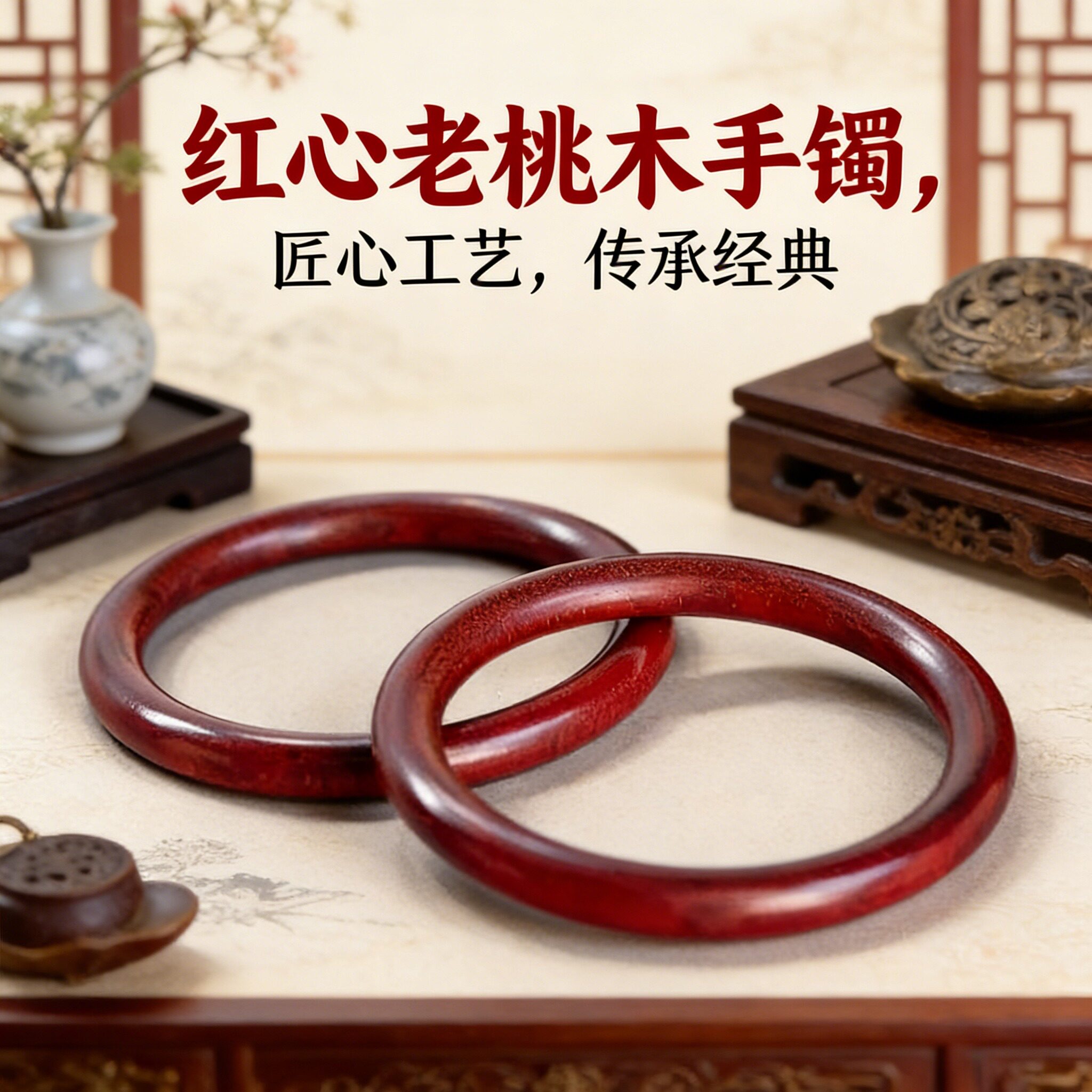 保真天然泰山精选红心老桃木手镯首饰