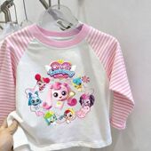 女童宝宝新款 卡通奇妙萌可洋气百搭韩系中大童纯棉拼接条纹袖 上衣