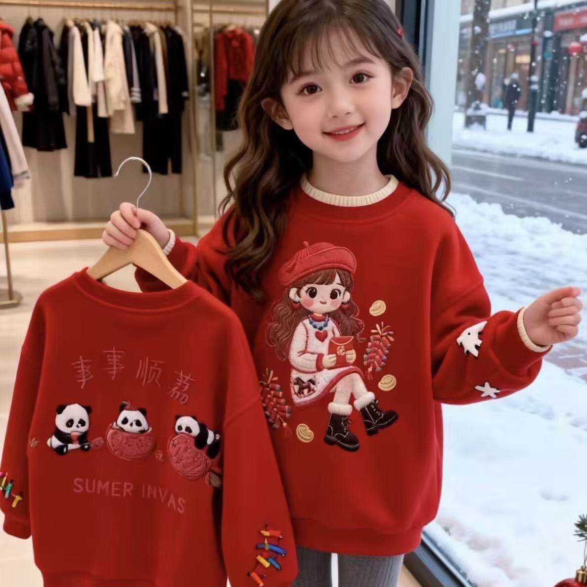 女童新年马年本命年圆领羊毛领卫衣宽松2026卫衣新款加绒红色儿童