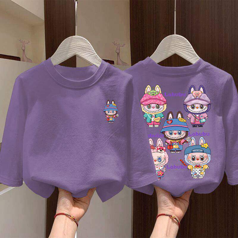 拉布布labubu儿童纯棉薄款长袖T恤男女童ins风春夏季卡通休闲上衣
