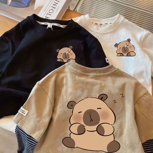 男女童新款 T恤春夏中小童上衣潮 可爱卡通卡皮巴拉纯棉假两件长袖