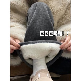 休闲直筒阔腿裤 加绒加厚外穿棉裤 女2025秋冬新款 灰色羊羔绒糯米裤