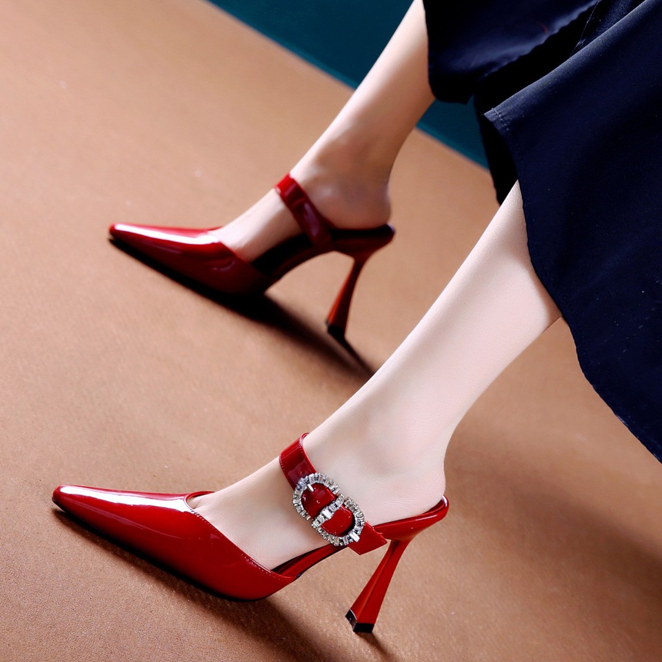 可开发票红色细跟半拖鞋外穿