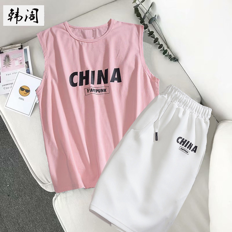 无袖坎肩夏季大码五分裤港风套装