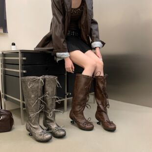 复古灰色蝴蝶结高筒长靴女外穿2026年设计感小众不过膝芭蕾时装靴