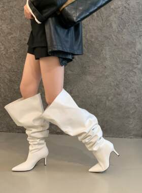 网红辣妹大筒围高跟堆堆靴显瘦欧美黑色长靴女不过膝尖头高筒靴子