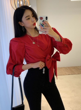 清仓特价设计感小众裹腰绑带长袖白色衬衫女新款洋气百搭红色上衣