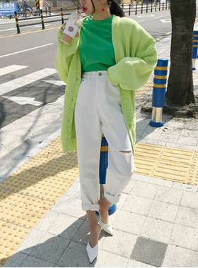 特价2024秋装新款洋气时尚白色割破牛仔裤韩国宽松直筒九分裤　