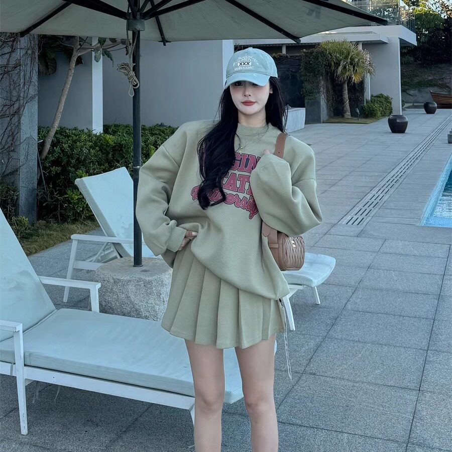 韩国春秋炸街高级感小个子卫衣A字短裙套装学院风百褶裙两件套女,女装/女士精品,时尚套装,淘宝优惠券,粉丝福利购,淘宝优惠卷