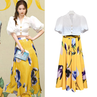玫瑰的故事黄亦玫刘亦菲同款衣服女夏款高腰印花半身裙泡泡袖衬衫