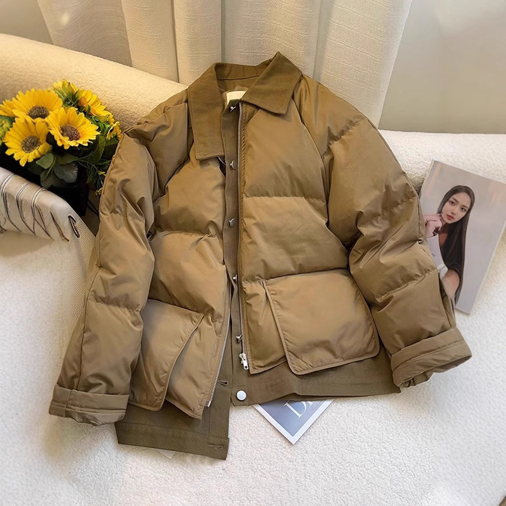 港风复古时尚拼接假两件棉衣棉服男女秋冬时尚宽松保暖面包服外套
