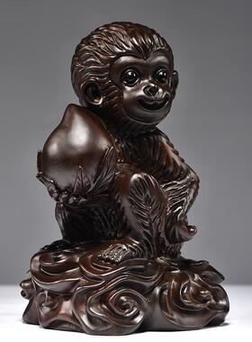 黑檀木雕刻猴子摆件十二生肖实木灵猴献桃办公装饰送礼红木工艺品