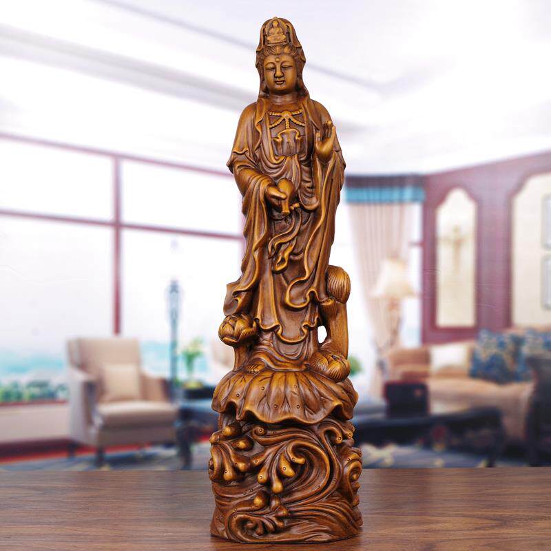 中式木雕观音佛像供奉摆件家居客厅观世音菩萨实檀木雕刻手工艺品