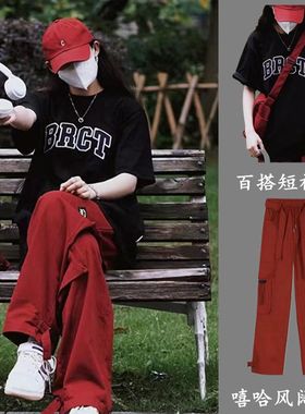 工装裤女套装2024夏季学生新款宽松百搭短袖T恤+复古hoping阔腿裤