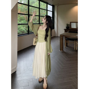 仙女半身裙春季 抽褶吊带背心中长款 2023新款 时尚 长款 套装 防晒开衫