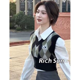 三件套装/单件学院风V领短款菱格针织马甲女+白色衬衫+高腰半身裙