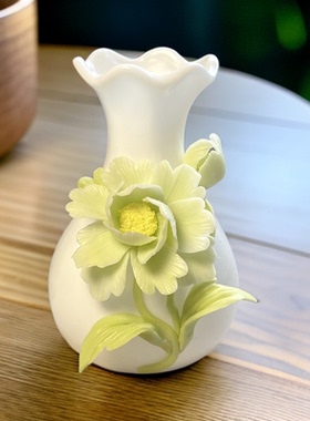 小清新陶瓷手捏花朵艺术摆件创意家居插花装饰品绿荷花小花瓶