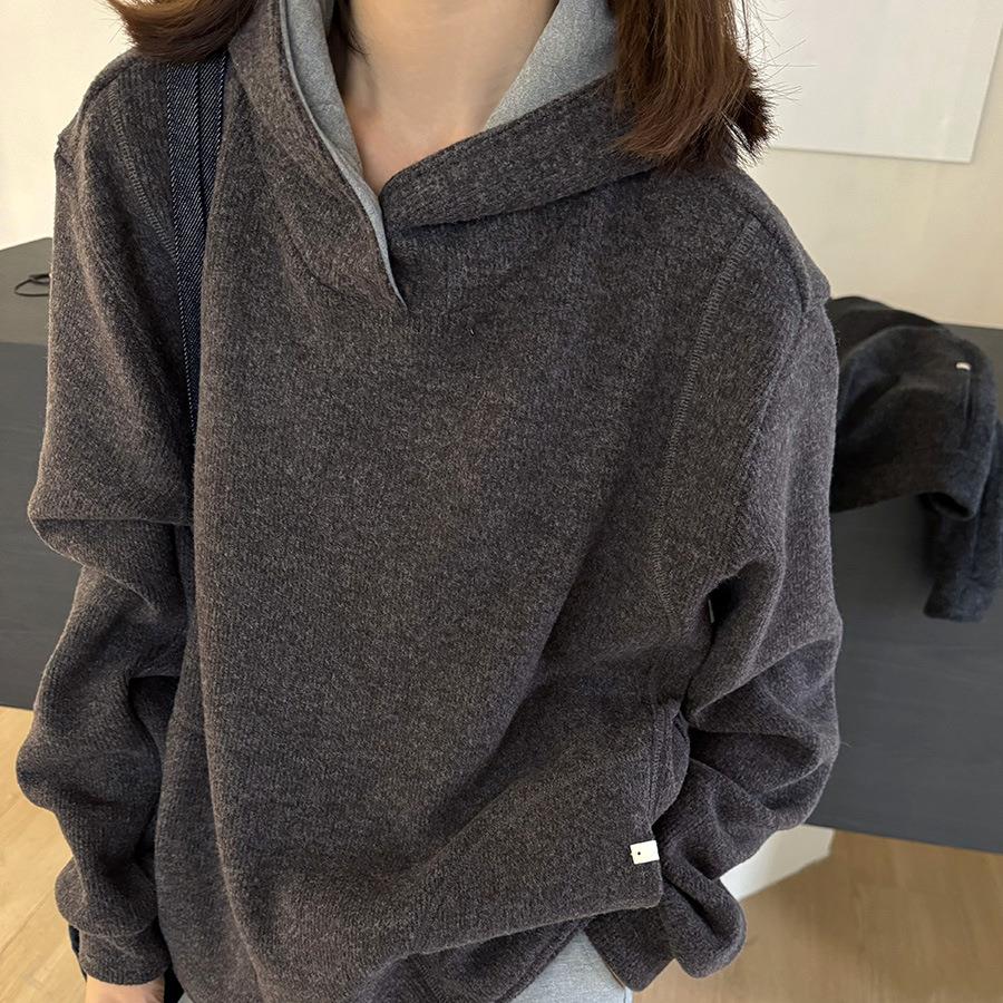 黎诺拼接假两件浣熊绒卫衣女2024秋冬新款宽松加绒加厚长袖上衣