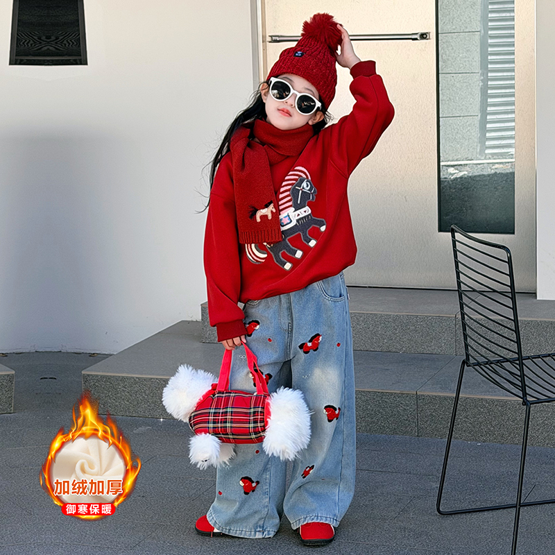 女童红色刺绣小马套头卫衣2025新款冬季高级感复古内搭针织衫上衣