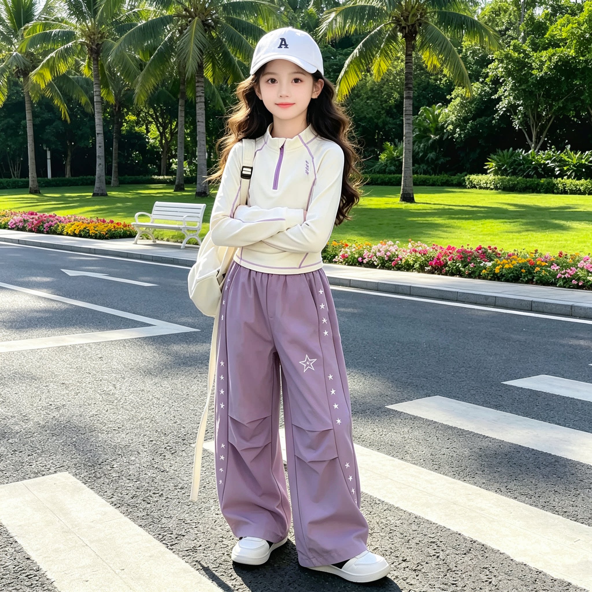女童秋季套装2026新款儿童洋气弯刀阔腿裤中大童撞色长袖T恤上衣