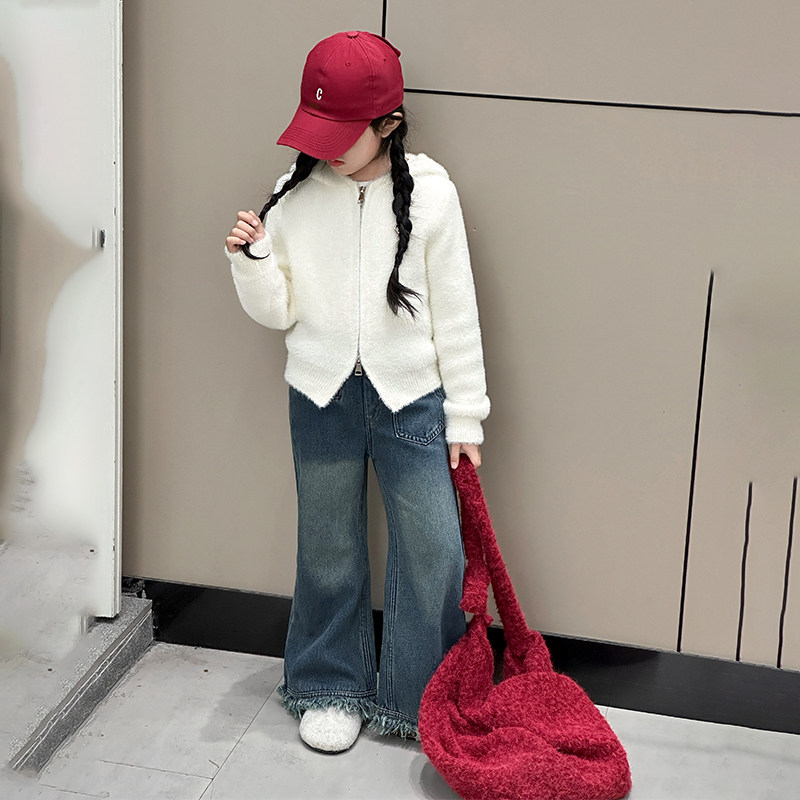 女童仿水貂绒2025冬季新款高级感连帽开衫女宝宝洋气软糯针织毛衣