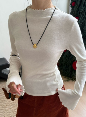 DIGM广州十三行女装2025秋冬极简磨毛喇叭袖打底衫针织衫女A09370