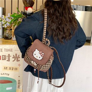 卡通kt猫格子双肩包钕2026新款日系少女外出小背包可爱儿童小书包