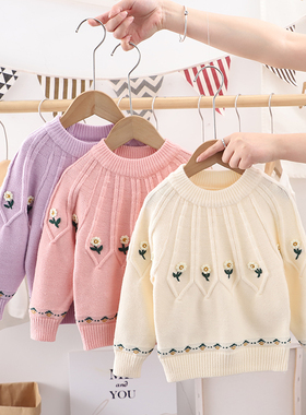 2022春季新款女童针织衫手工花韩版套头毛衣抗起球洋气宽松女宝
