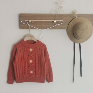 2023秋冬新款女童针织衫圆领套头毛衣韩版复古手工绣花加绒洋气