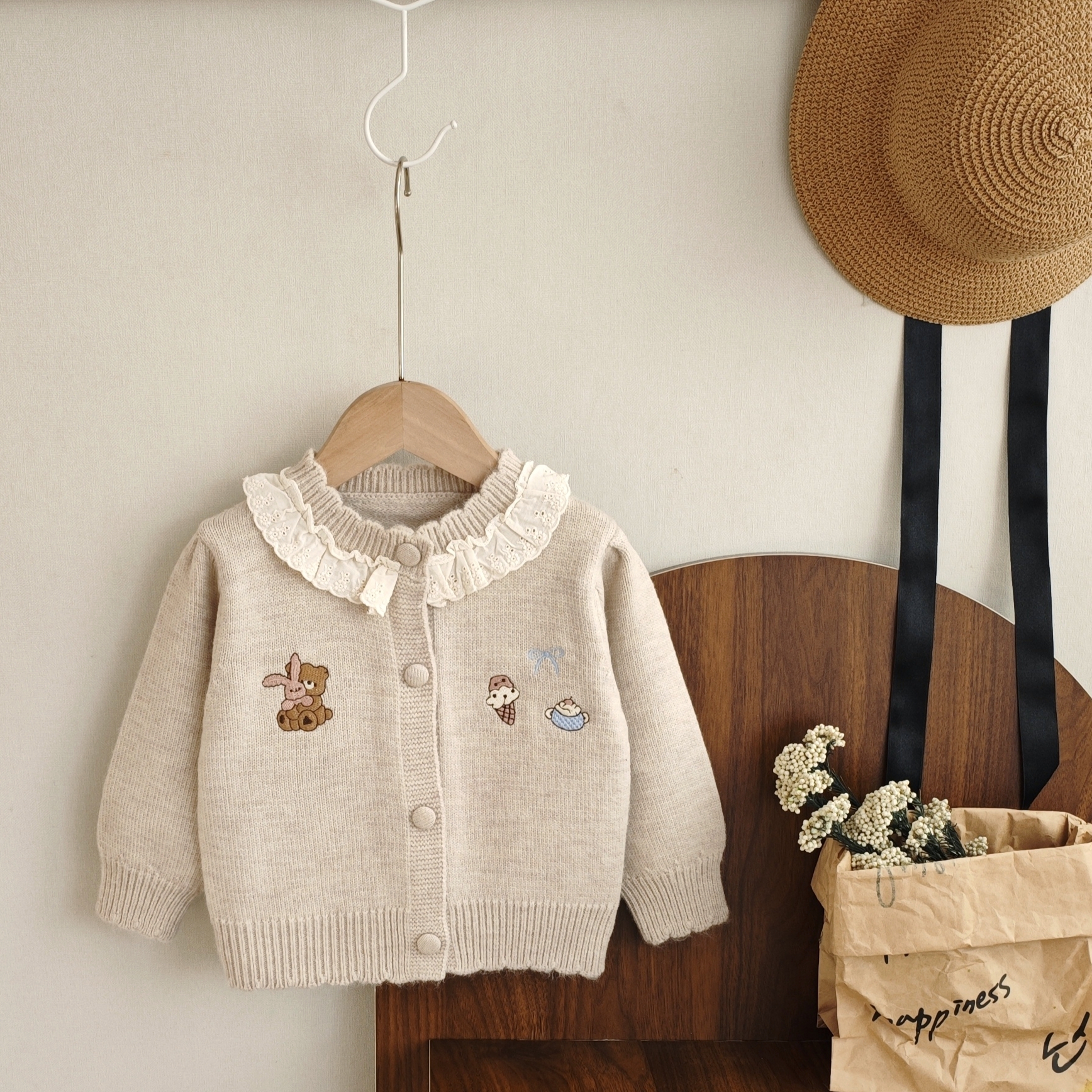 女童针织开衫韩版花边领毛衣外套