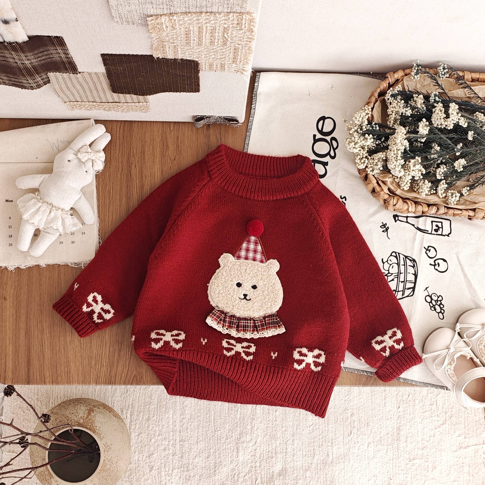 女童圣诞红色加绒加厚套头毛衣