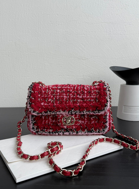 25K秋冬新款红色粗花呢羊皮菱格链条包单肩斜挎手提女高级老钱风