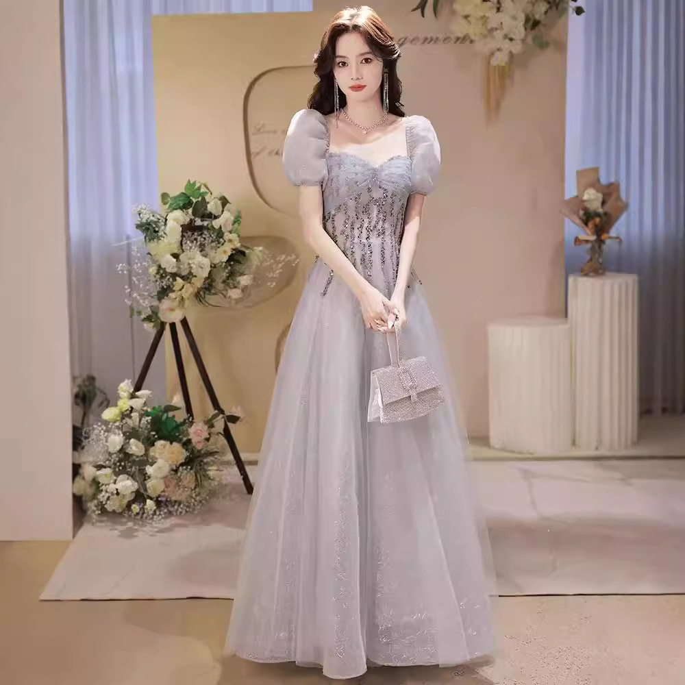 华丽风亮片泡泡袖晚礼服公主裙图片