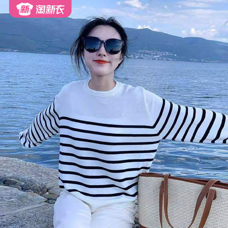 韩版圆领外贸黑白色条纹女内外搭春夏秋冬季长袖款上衣针织打底衫