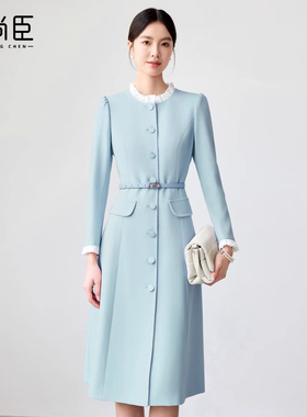 艾尚臣木耳边拼色蓝色连衣裙女通勤上班族简约纯色长袖裙子工作服