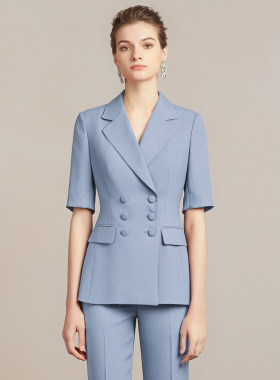 艾尚臣蓝色短袖西装套装女夏行政总裁领导商务正装播音主持职业装